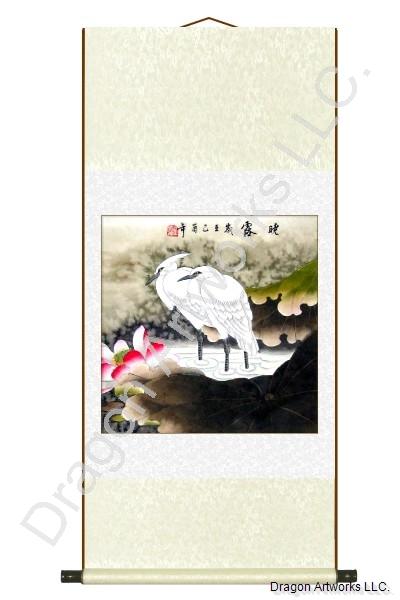Chinese Painting of Two Herons and Lotus Flowers Scroll