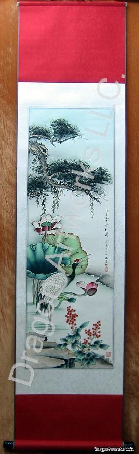 Crane Lotus Pine Chinese Detail Painting Red Scroll