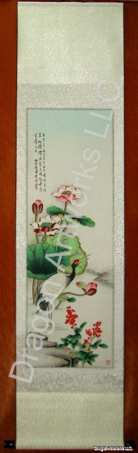 Crane Lotus Detailed Chinese Painting Wall Scroll