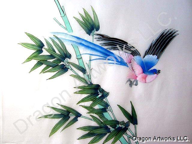 Bamboo, Beautiful Long-Tailed Blue Bird Chinese Silk Painting