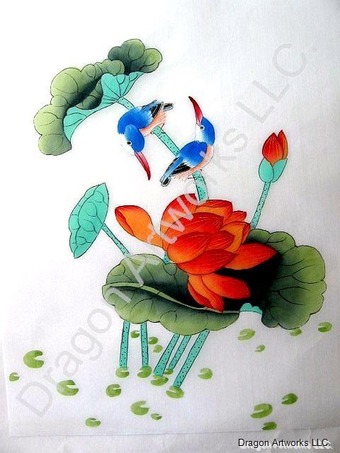 Chinese Silk Blue Kingfishers and Lotus Flowers Painting