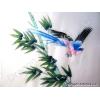 Bamboo, Beautiful Long-Tailed Blue Bird Chinese Silk Painting