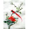 Oriental Silk Painting of Red Bird, White Blossoms