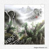 Summer Waterfalls Fog Mountain Chinese Brush Painting