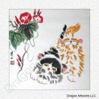 Cats and Red Flowers Chinese Brush Painting