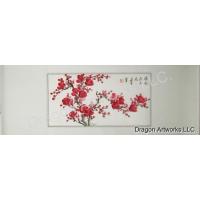 Horizontal Chinese Brush Painting of Red Plum Blossoms