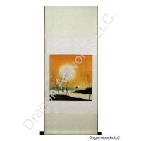 Chinese Scroll Painting of Cranes Under the Orange Sky
