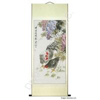 Roosters and Wisteria Flowers Chinese Brush Painting