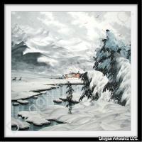 Cozy Cabin in Winter Chinese Landscape Painting