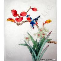 Chinese Silk Painting Blue Birds, Daffodil Flowers