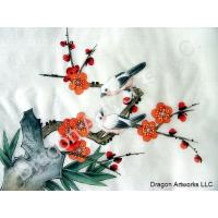 Silk Painting of Bamboo, White Birds, Peach Flowers