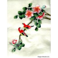 Silk Hand Painting of Red Birds, Pink Flowers